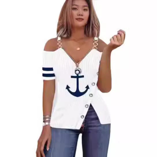 Dame Off-Shoulder Top med maritimt motiv og dekorative knapper Skovae