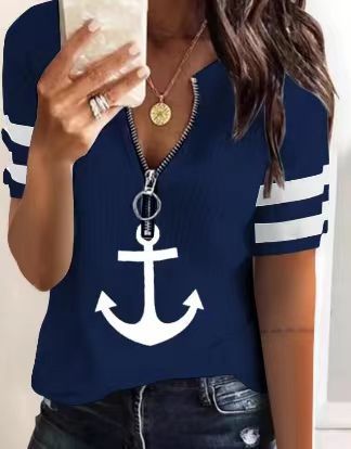 Dame Sporty T-shirt med lynlås og maritime motiver Skovae