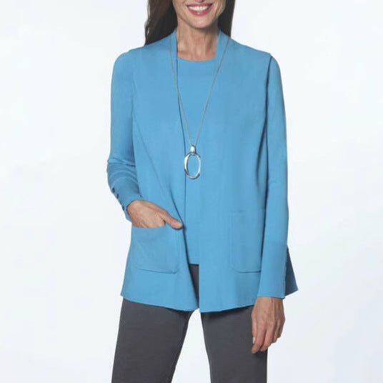 Dame strikjakke med elegant cashmere-look og dyb krave Stilla