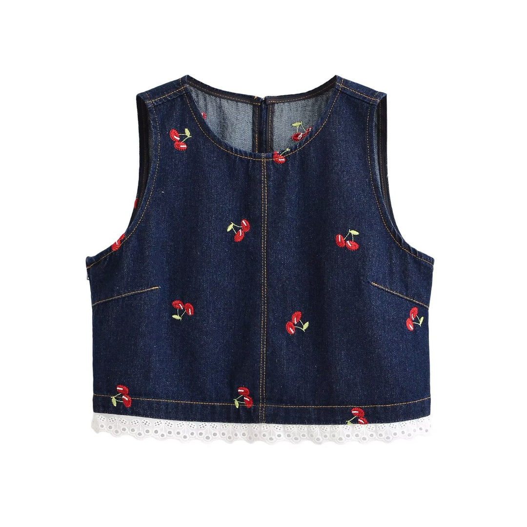 Dame Designer-Cropped-Top med blomsterbroderi og spidsdetalje Skovae