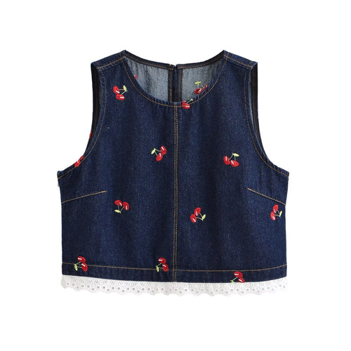 Dame Designer-Cropped-Top med blomsterbroderi og spidsdetalje Skovae