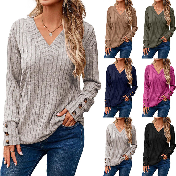 Dame afslappet V-hals sweater med fine striber Stilla