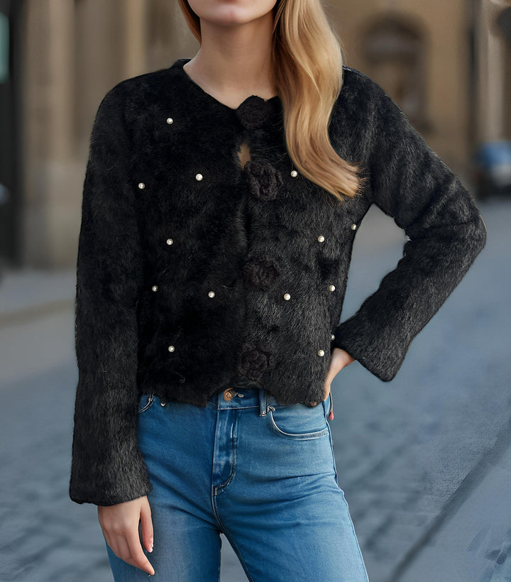 Kvinders fine cardigan med blomsterapplikationer og perleaccenter Stilla
