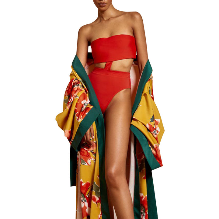 Dame bikini-sæt med blomster strandkimono Stilla