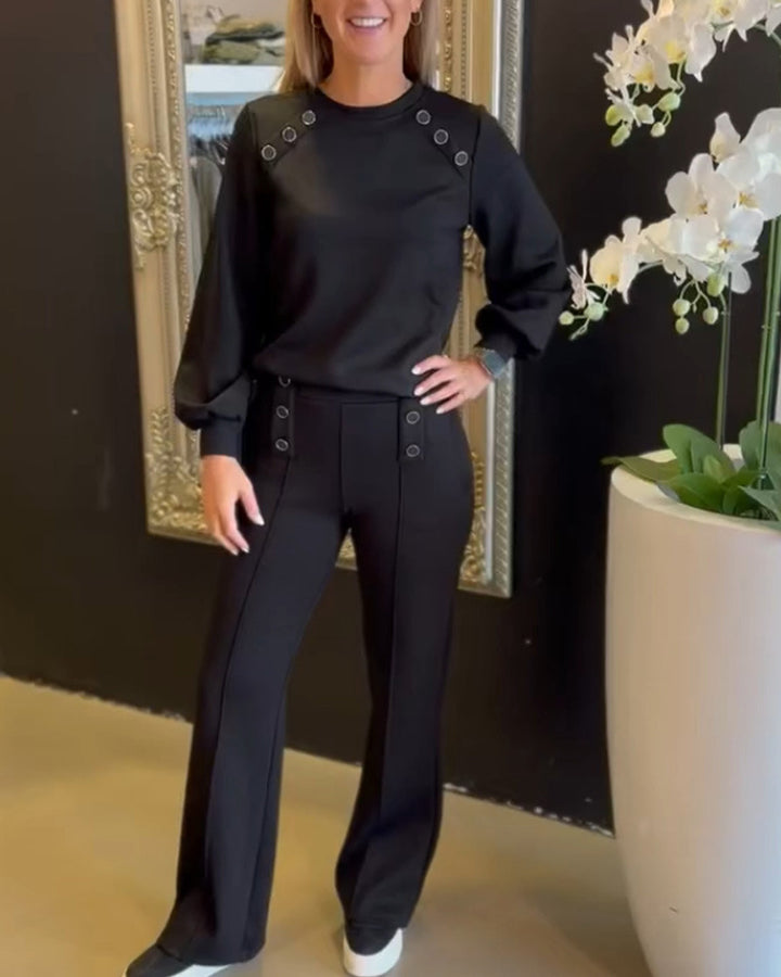 Dame nan sporty-elegante Jersey-sæt med øsenudsmykning, højtskaftet buks i Marlene-snit Skovae