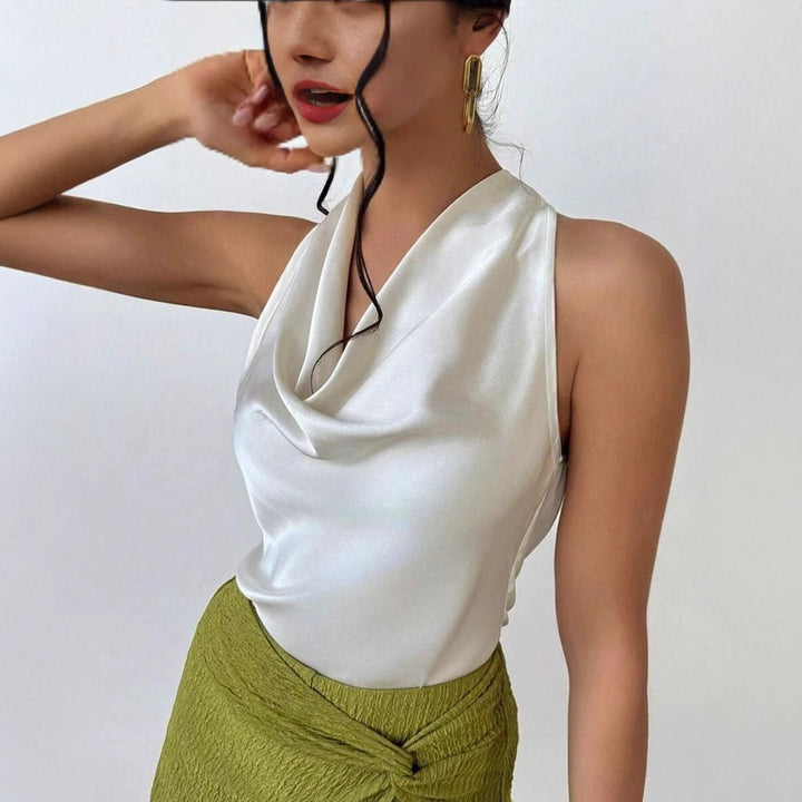 Dame Elegant satin top med smart vandfald udskæring Skovae