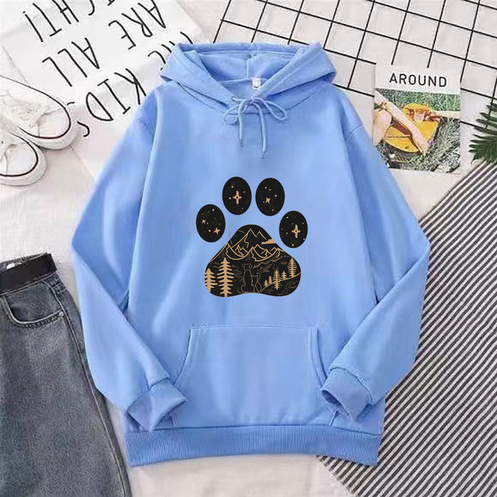 Dame hoodie med kreativ poteprint design og bjerglandskab Skovae