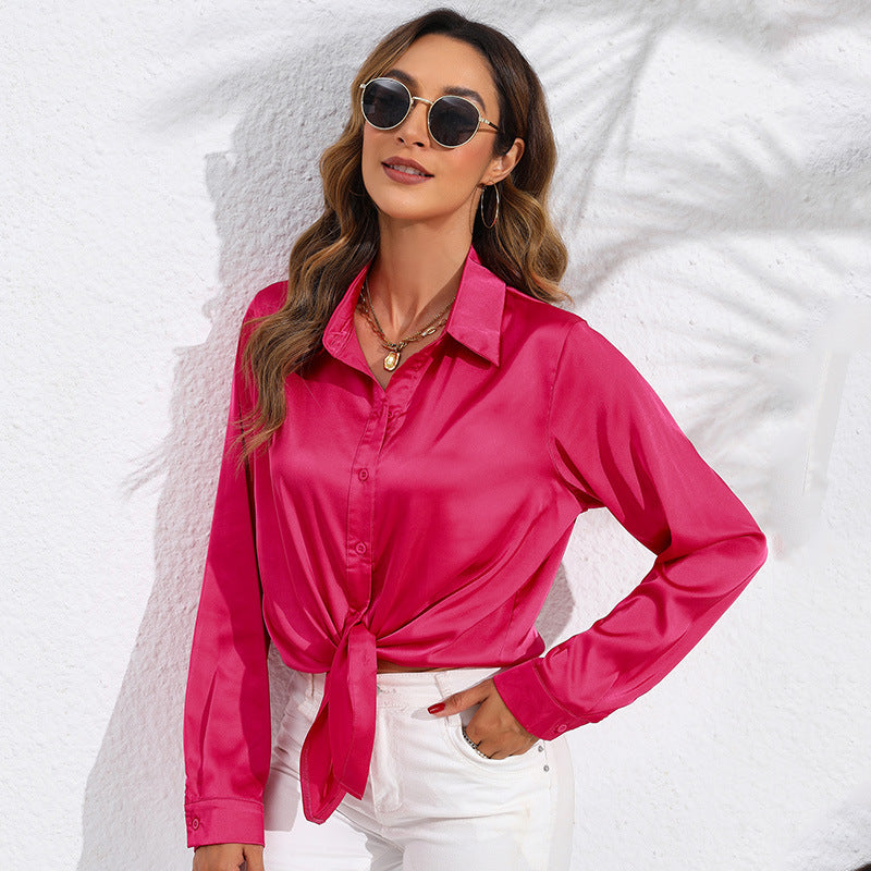 Dame Elegant Silke Bluse med knapbar Front og Sløjfe Stilla