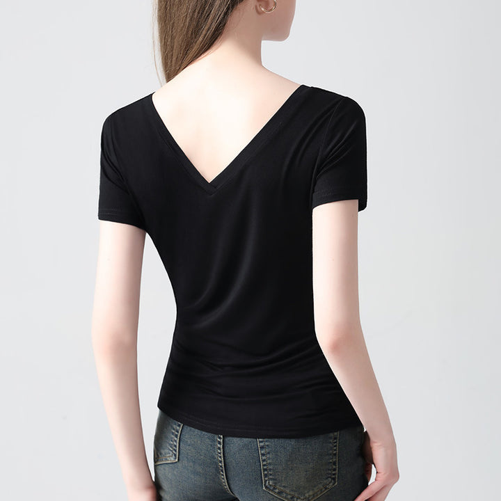 Dame elegant V-hals T-shirt lavet af høj kvalitet bomuldsblanding med figursyet pasform Stilla