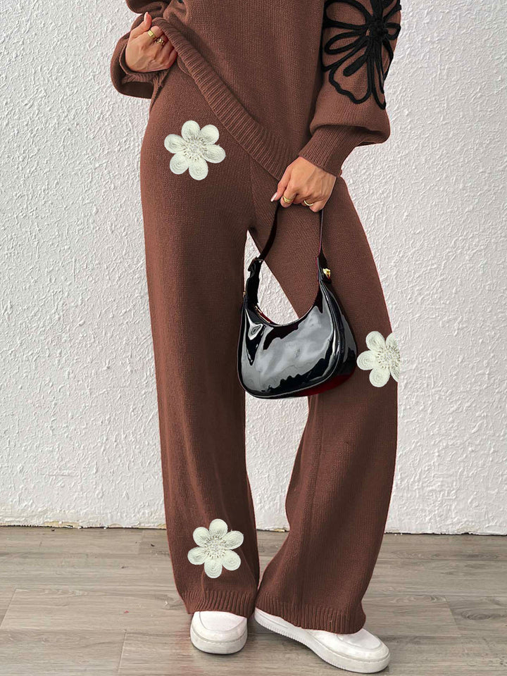 Dame strikbukser med blomstret design og bredt ben Stilla
