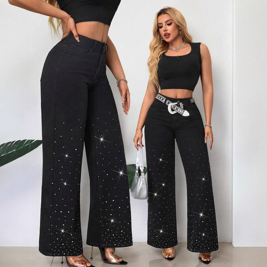 Kvindernes højtaljede jeans med glitrende rhinestones og bred pasform Stilla