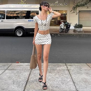 Femme Polka Dot Crop Top og Mini Skirt Sæt Stilla