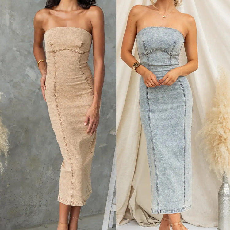 Dame Midikjole med slidstærk denim og bustier-overdel Stilla