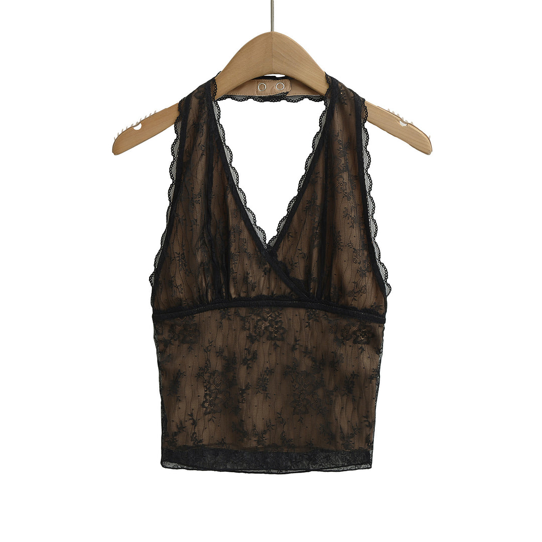 Dame spids-crop-top med dyb v-udskæring og elegante flæser detaljer Stilla