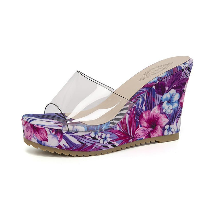 Dame nan PVC-rems kile-sandaler med blomstertrykt kile-sål og ergonomisk komfort fodseng Skovae