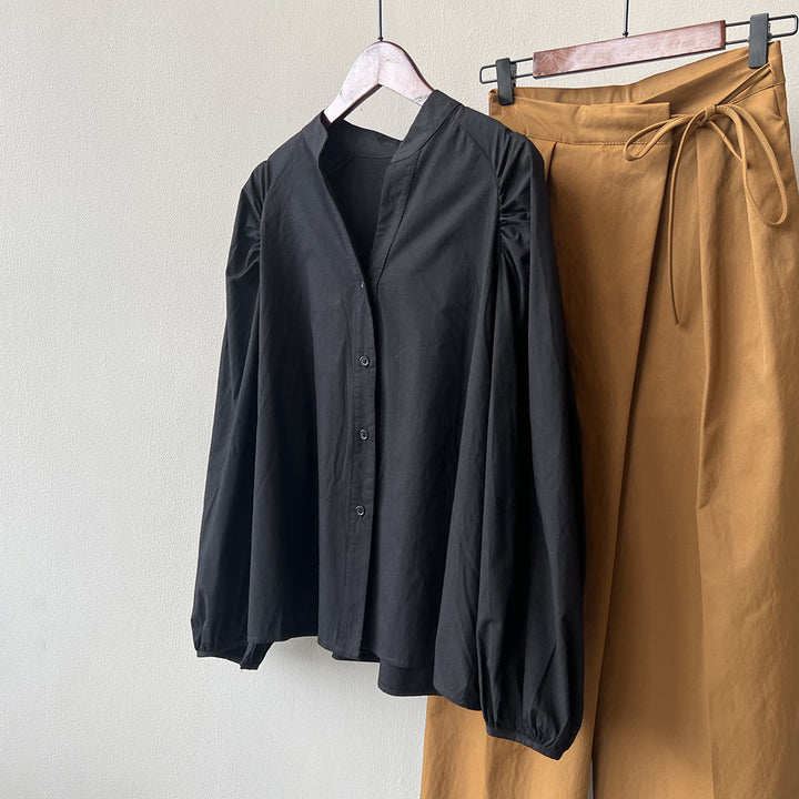 Dame elegant Bluse med pufærmer og ståkrave Stilla