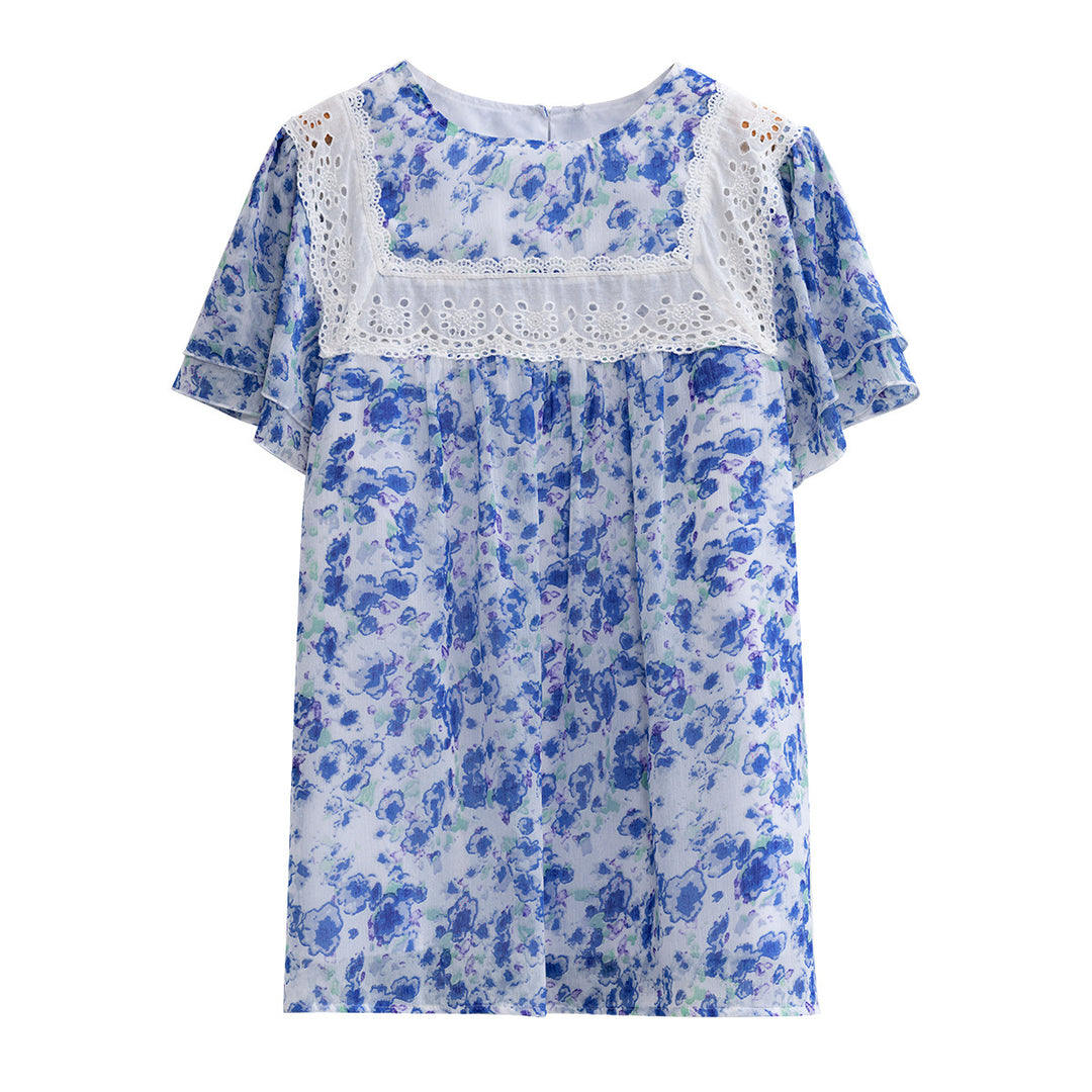 Dame blomsterprint-bluse med spidskant Skovae