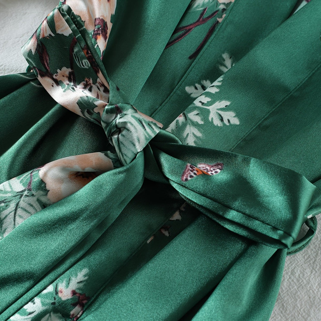 Dame Floral Satin Nattøj Sæt med Robe Stilla