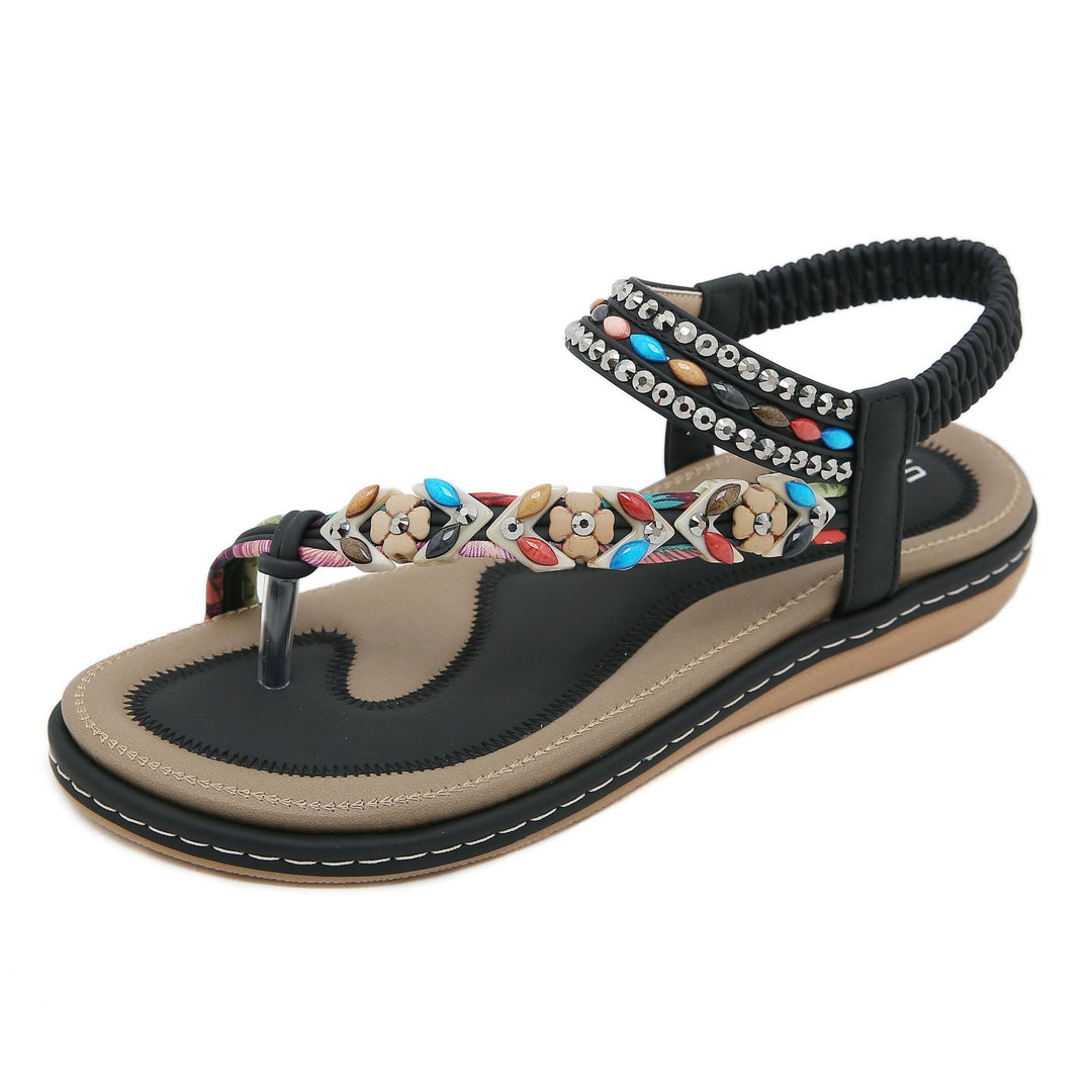 Dame sandaler i boho-stil med funklende perleudsmykninger og behagelig fodseng Stilla