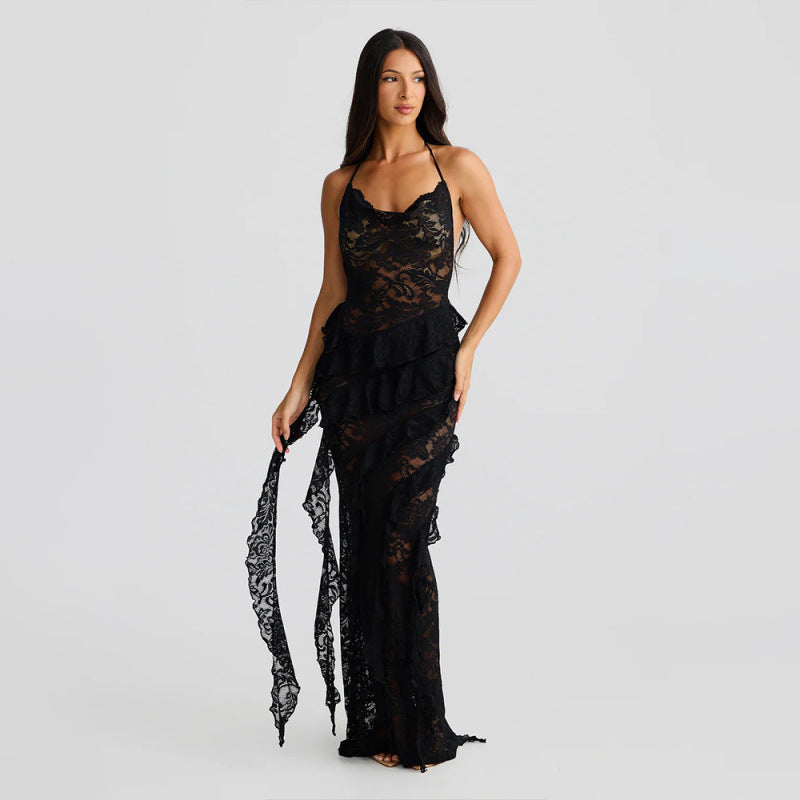 Damen verführerisches Spitzenkleid mit asymmetrischem Saum und Rüschendetails Skovae