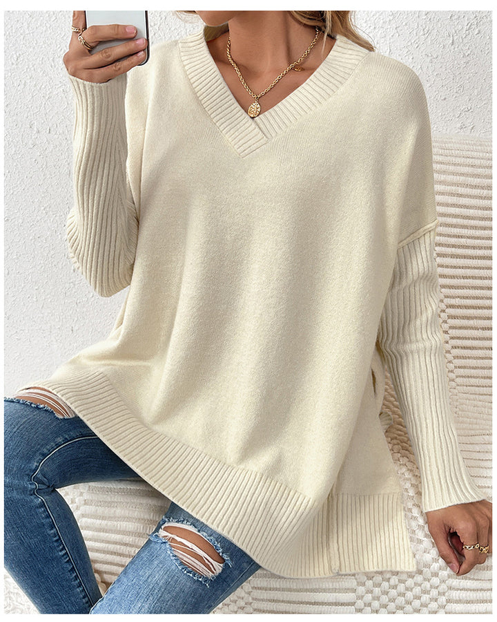 Dame afslappet sweater med dyb V-udskæring og struktureret ribdesign Stilla