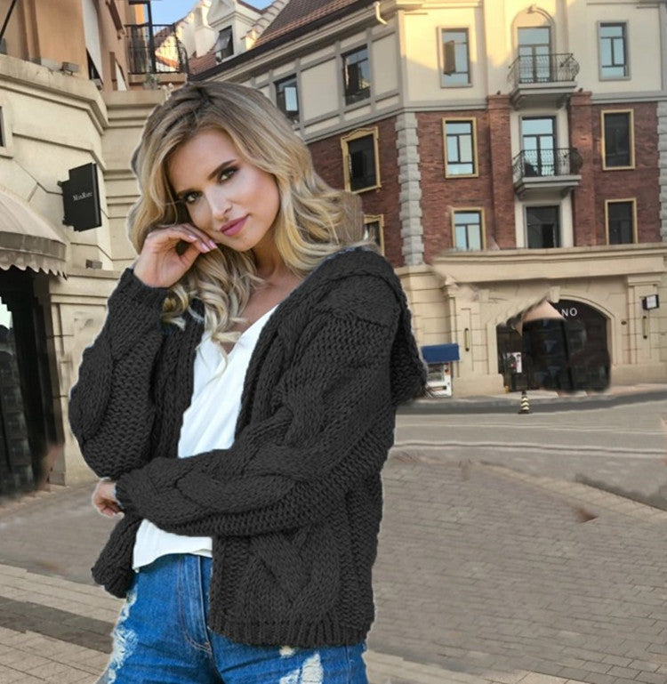 Kvinders chunky strik cardigan med hætte og asymmetrisk design Stilla