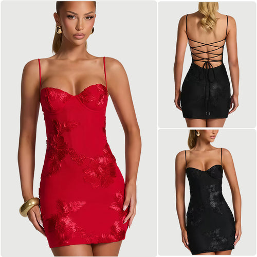 Kvinders Bodycon Mini Kjole med Blomster Blonde Trim og Stropfri Design