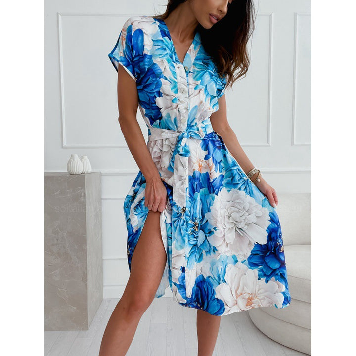 Dame Floral Print Wrap Kjole med justerbart bælte Stilla