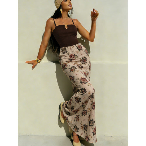 Damen Maxi-Kleid mit modischem Blumenmuster und schmalen Spaghettiträgern Skovae