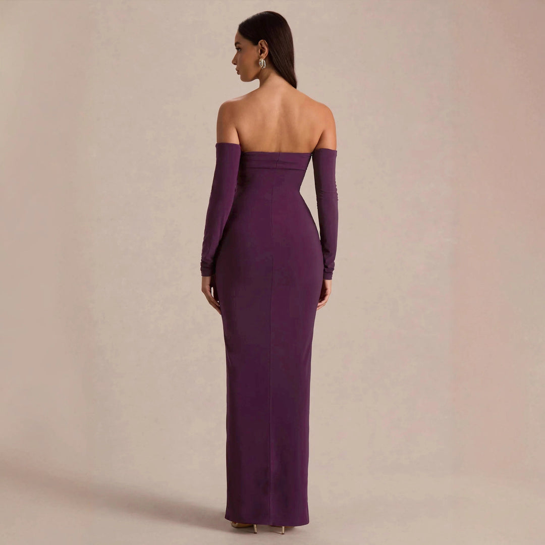 Dame strapless aftenkjole med lange ærmer og raffinerede flæsedetaljer Skovae