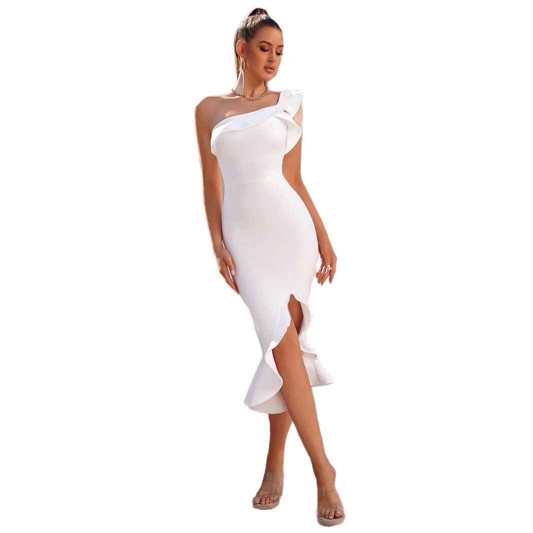 Dame elegant, figursyet midi kjole med asymmetrisk flæse og slids Stilla