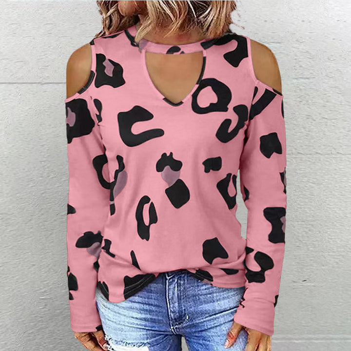 Dame langærmet shirt med fashionable cut-outs og moderne leopardmønster Stilla
