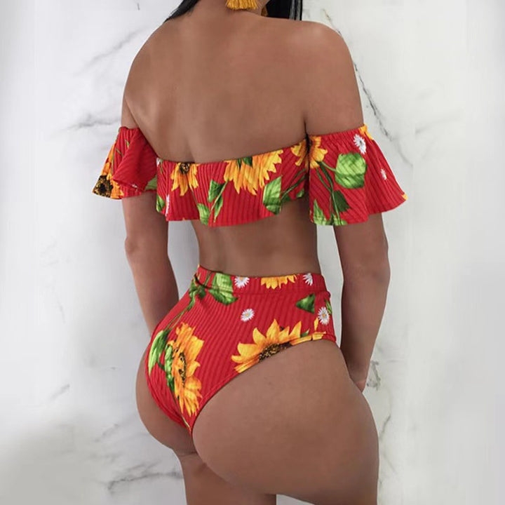 Dame bikini sæt med floralt ruffle-design og høj talje trusser Skovae