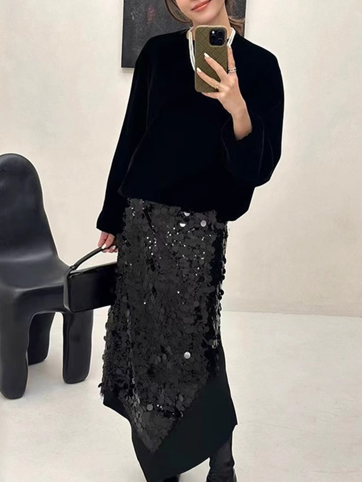 Dame skinnende Maxi-nederdel med asymmetrisk snit og glimmerdetaljer Stilla