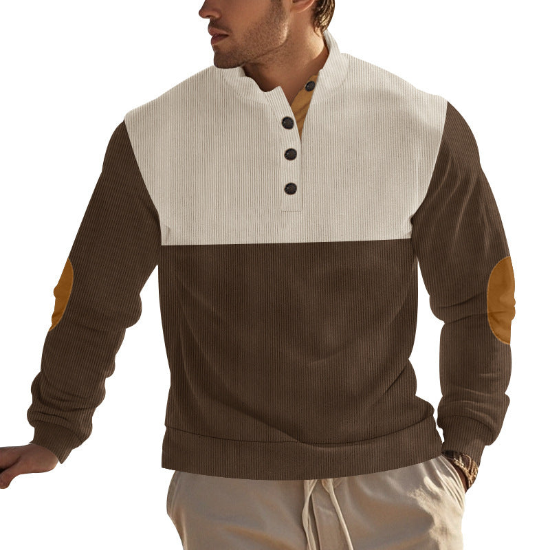 Herrer nan ribstrikket sweater med ståkrave knapliste og læderalbue-patches Skovae