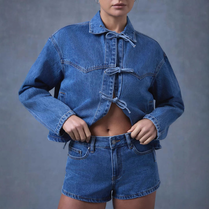 Dame Moderne Denim Jakke med Bindebælte Skovae
