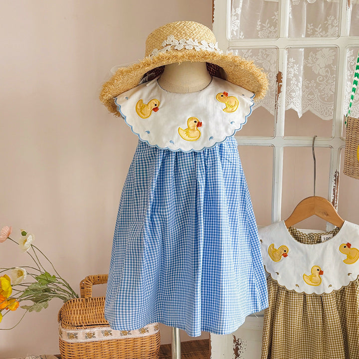 Pige Legesyg Gingham Kjole med Broderet Andemønster Stilla