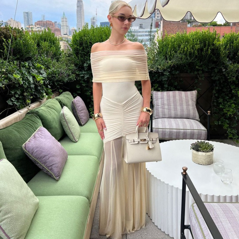 Dame Elegant Maxi-kjole med skulderfri design og rynker Skovae