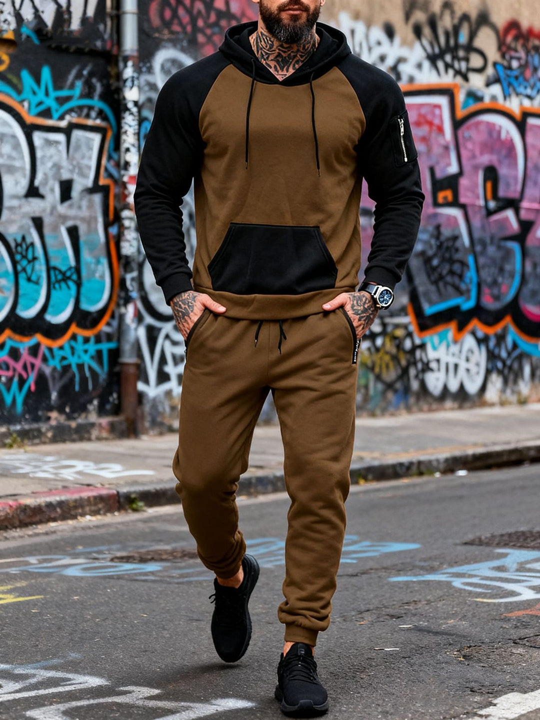 Herrer to-delt hætte-sweatset med raglanærmer, ærme-zip-lomme og tapered joggingbukser Skovae