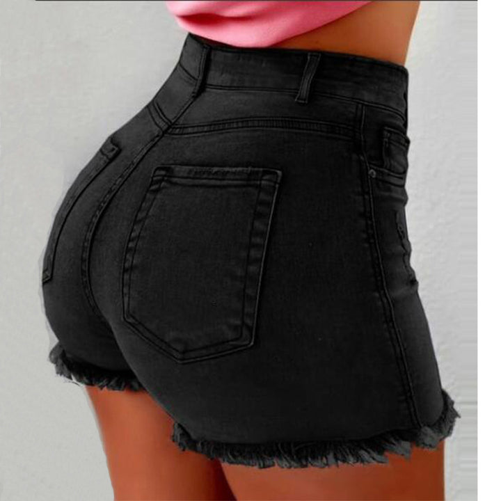 Dame High-Waist Jeans-Shorts med frynset kant Stilla