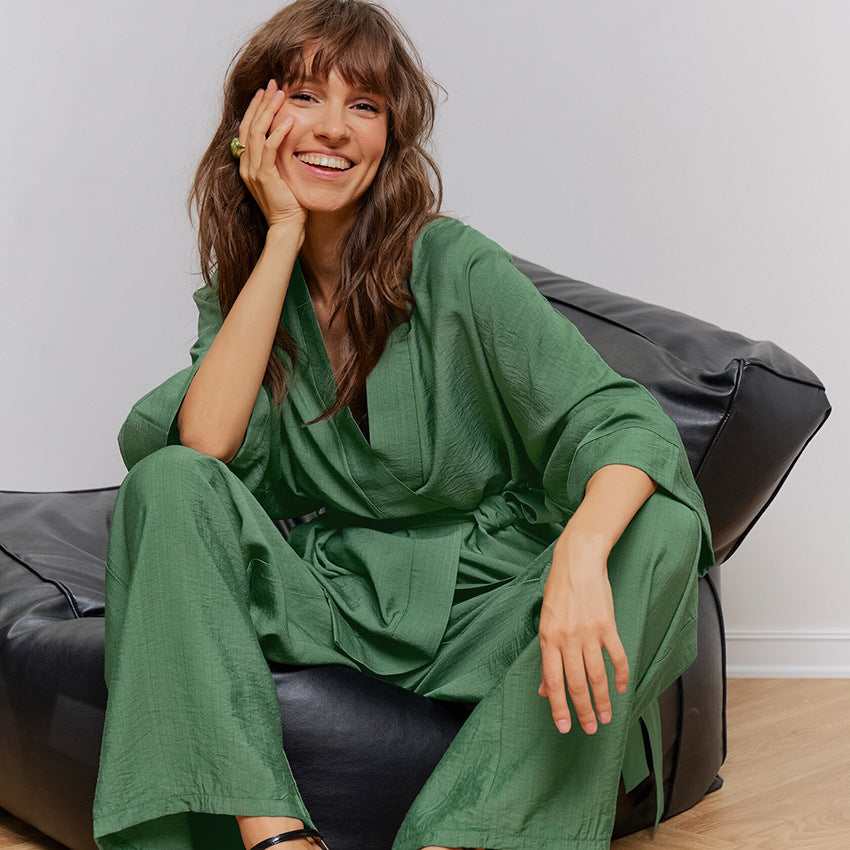 Dame trendy loungewear-sæt med bred kimono-overdel og løs bukser Stilla