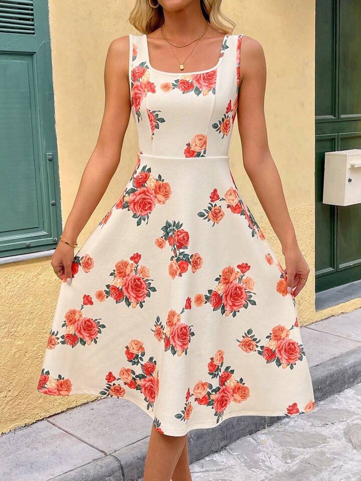 Dame A-linie kjole med blomster mønster Stilla