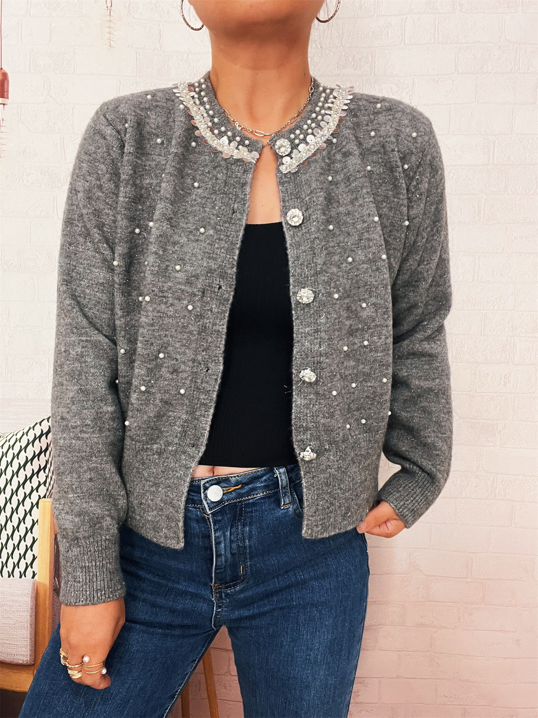 Kvinders cardigan med perle trim Stilla