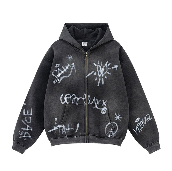 Unisex nan oversized hættetrøje med gennemgående lynlås, børstet fleecefor og håndlignende sprayprint Skovae