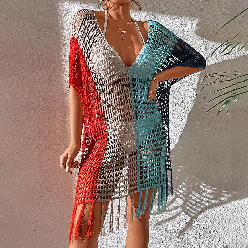 Dame luftig net-strandponcho med frynset accenter Stilla