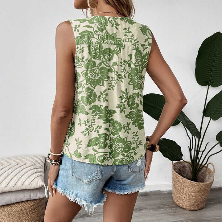 Dame Floral Plissé Nøgle-Hul Tanktop Stilla