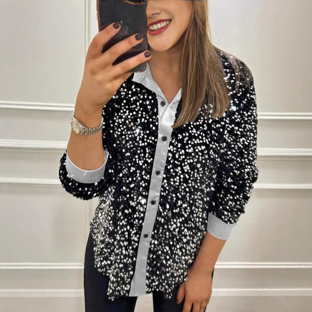 Kvindernes Funklende Paillet Bluse med Klassisk Krave Stilla