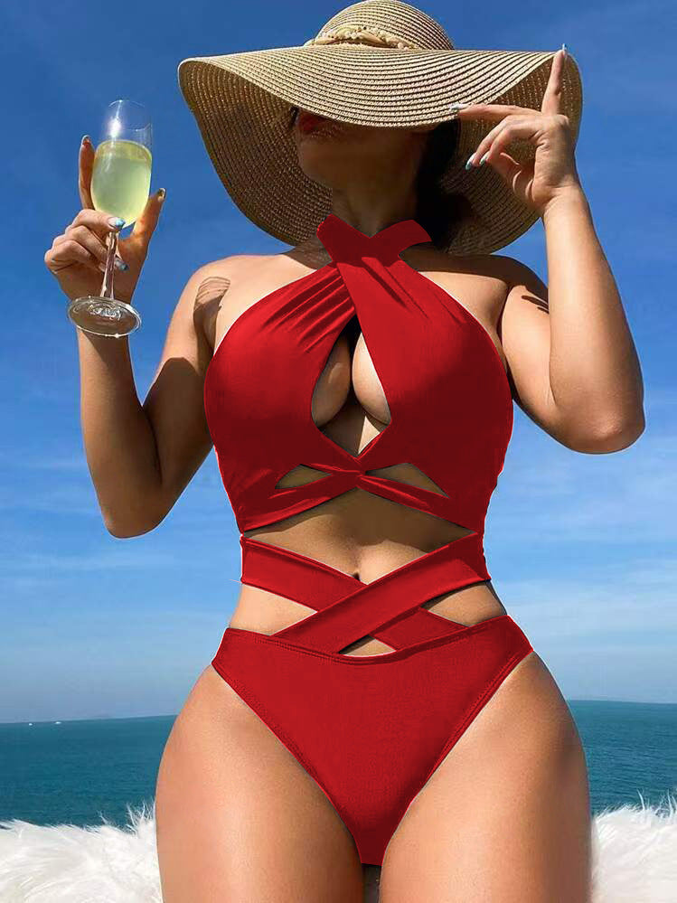 Dame højskåret en-delt badedragt med elegante cut-outs