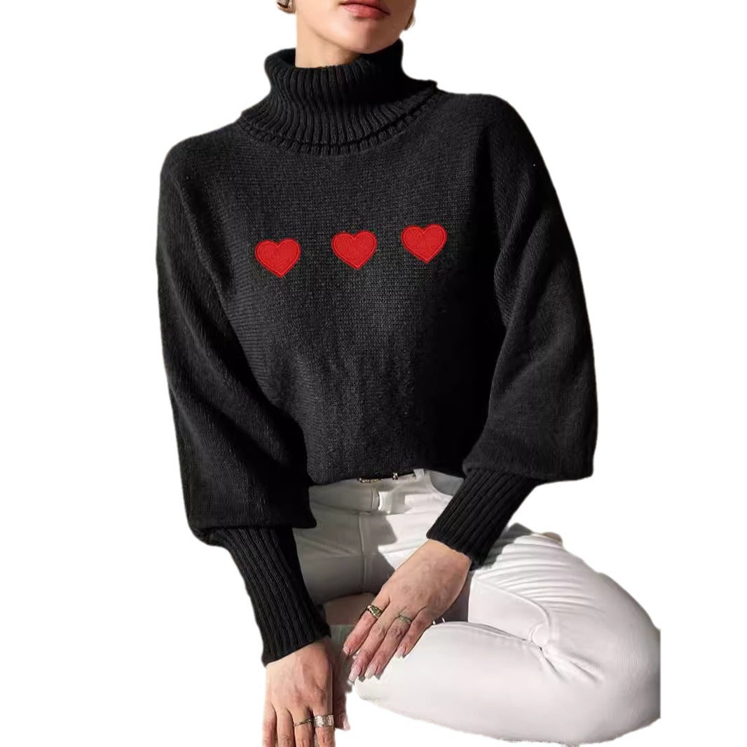 Kvinders sweater med høj krave og legende hjerteapplikationer Stilla