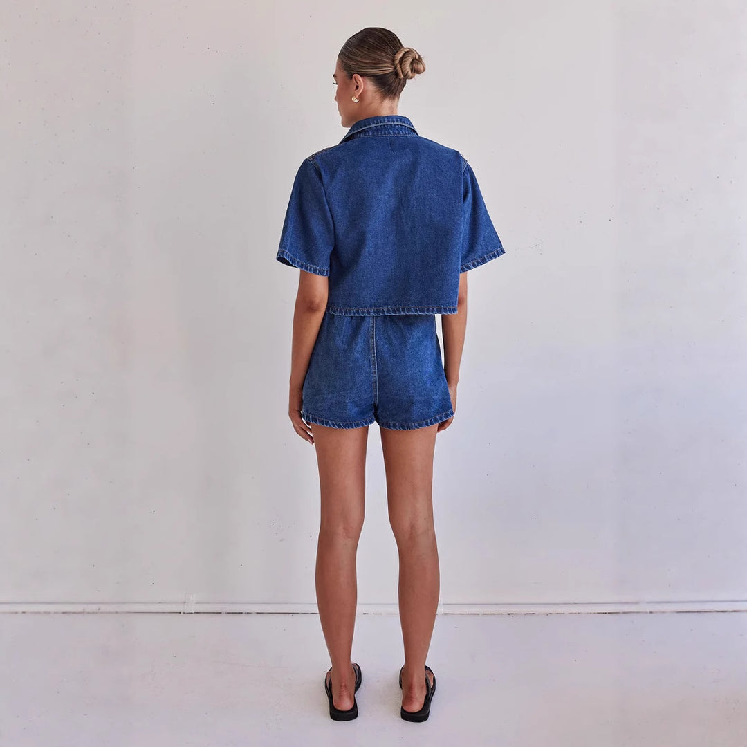 Dame Denim-kortjakke med matchende nederdel i afslappet stil Skovae